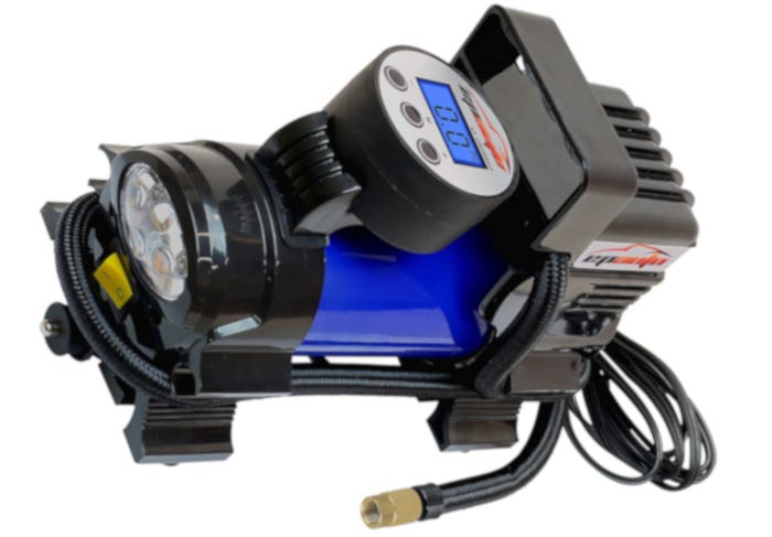 black air pump with an oval headlight and blue accents