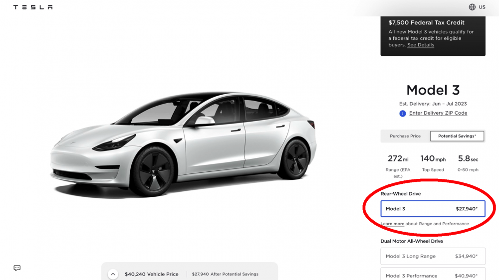 Tesla Model 3 pricing