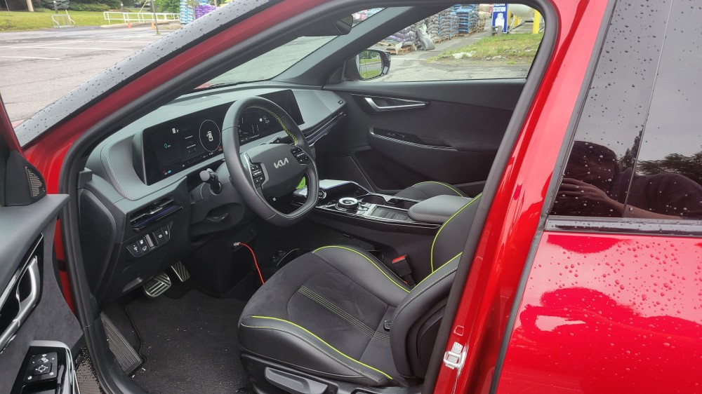 View of the EV6 GT interior through the driver's door